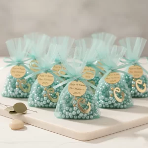 Tül Kese İçerisinde İsme Özel Pleksili Renkli Tesbihler