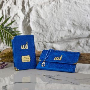 Kadife Kumaşlı Çantalı Yasin-i Şerif -Saks Mavi
