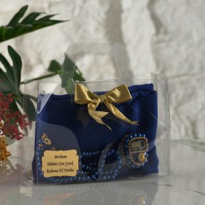 Hediyelik Yazma ve Zikirmatikli +Tesbihli +Kurdeleli Asetat Kutu -Lacivert Renk